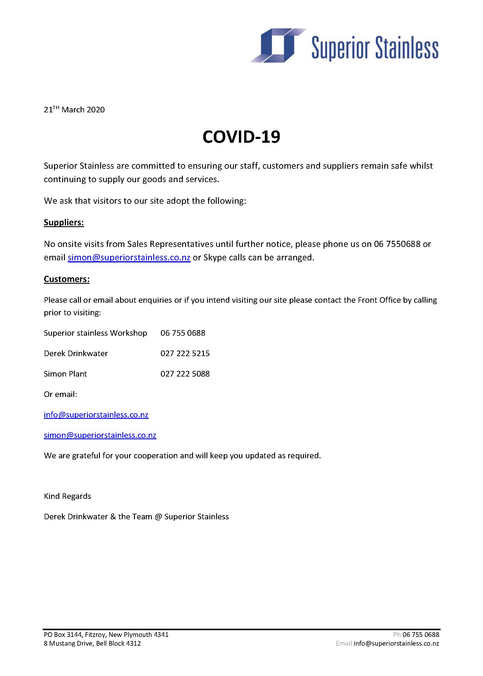COVID 19 Notice Superior Stainless
